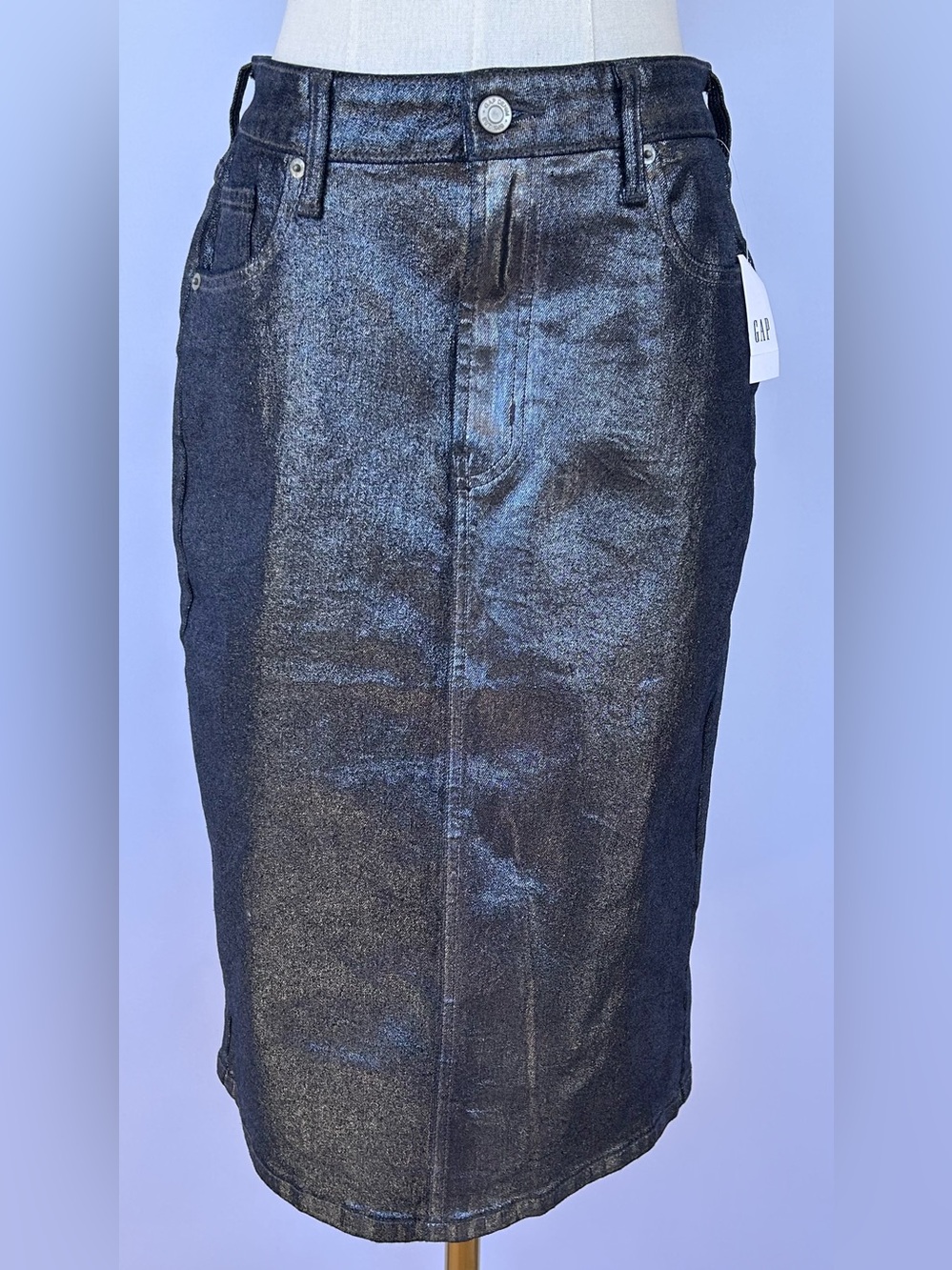 GAP Women’s Shine Denim Stretch Midi Skirt Center Back Slit Size 4/27